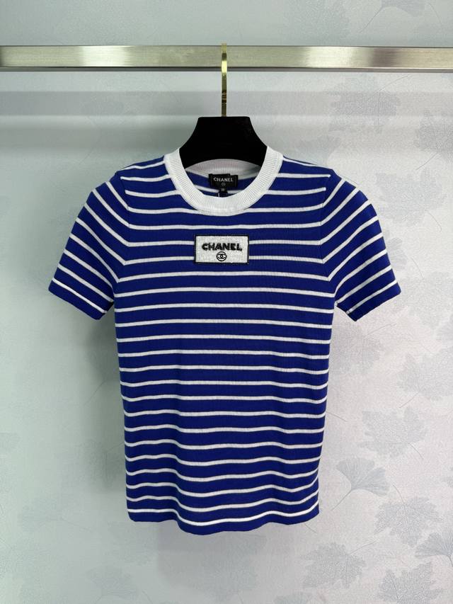 Cha*25 Spring and Summer new striped knitted short-sleeved blue and white stripe