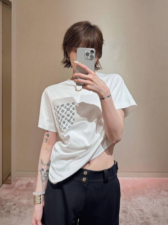 Louis Vuitto* 25Ss Spring and Summer new print pocket chain round neck short-sle