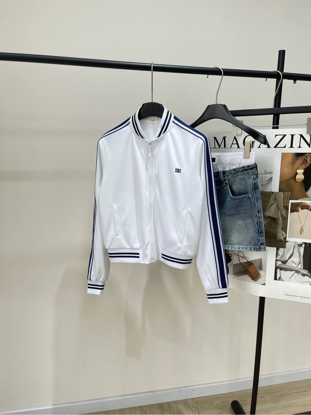 Ce white blue-edged zipper sports jacket , fabric: cotton + polyester Color: whi