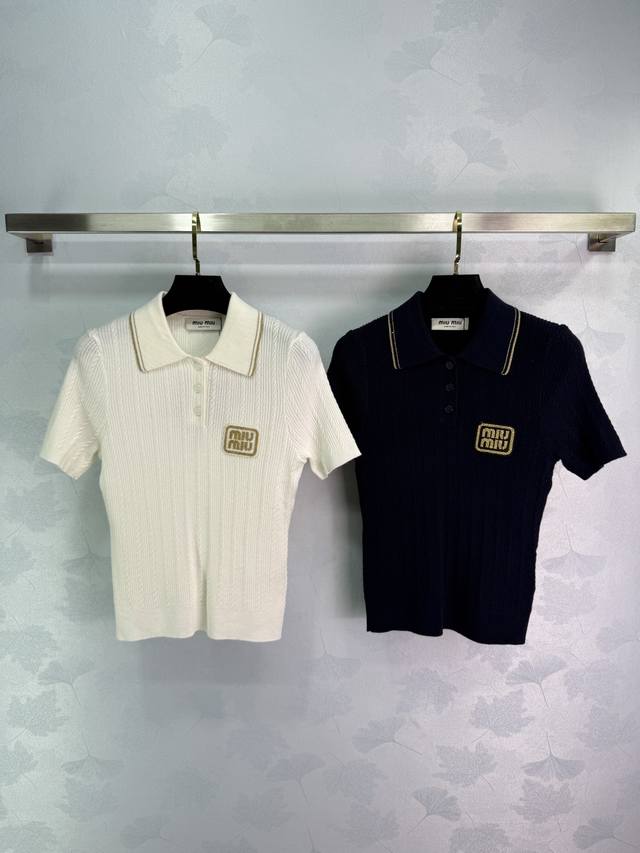 Miu 25 early autumn new style lapel knitted short sleeves collar contrast stripe