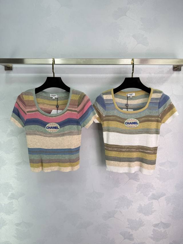 Chane*25Ss New striped knitted short sleeves Colorful logo on the chest Versatil