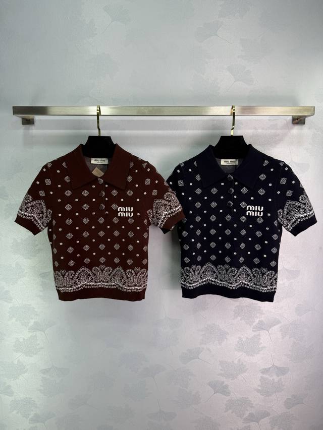 Miumi*2025 new arrivals Lapel knitted tops are customized. Made of Yb silk and w
