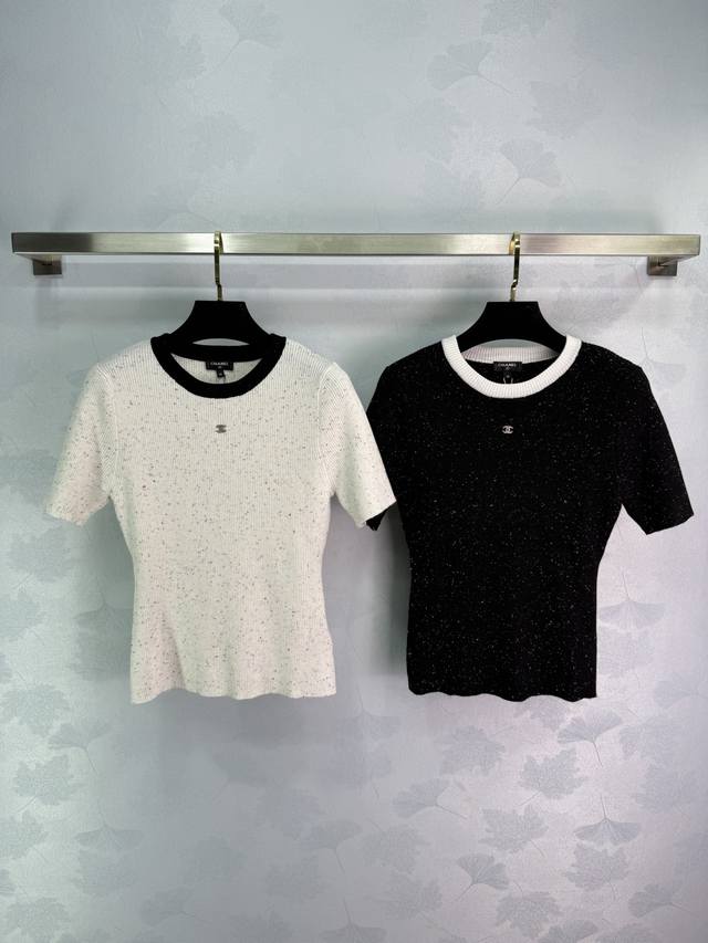 Chane*25 Spring and Summer new knitted round neck short sleeves neckline contras