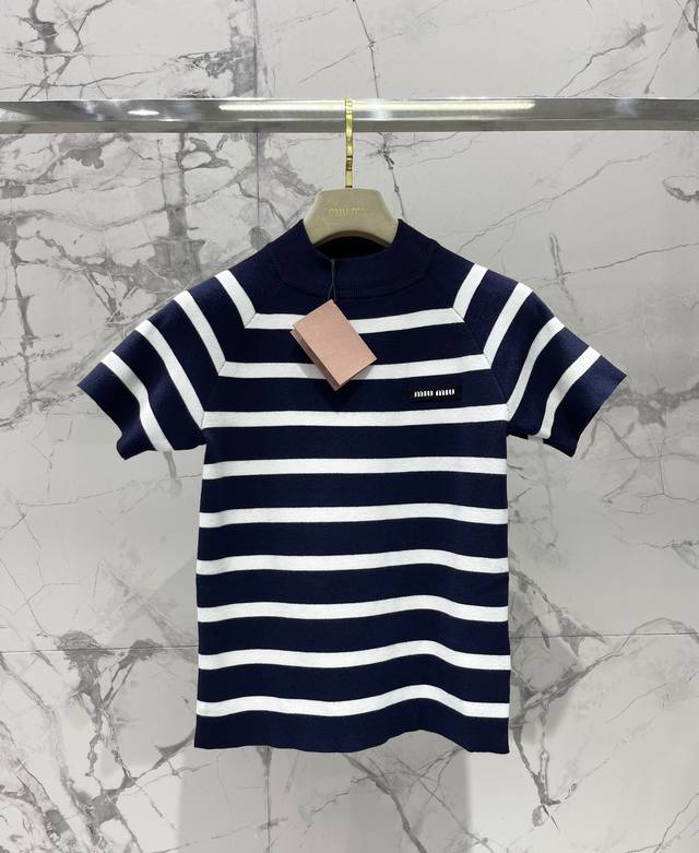 Miu Miu's new French preppy style striped letter patch knitted short sleeves The