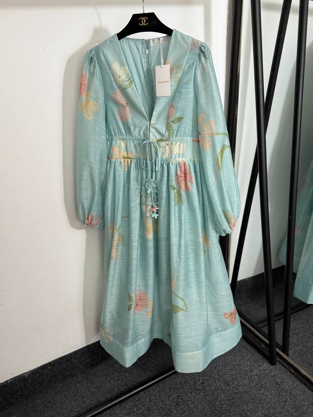 Style No. 20253762 Zimmermann new V-neck waist lantern long-sleeved dress, green