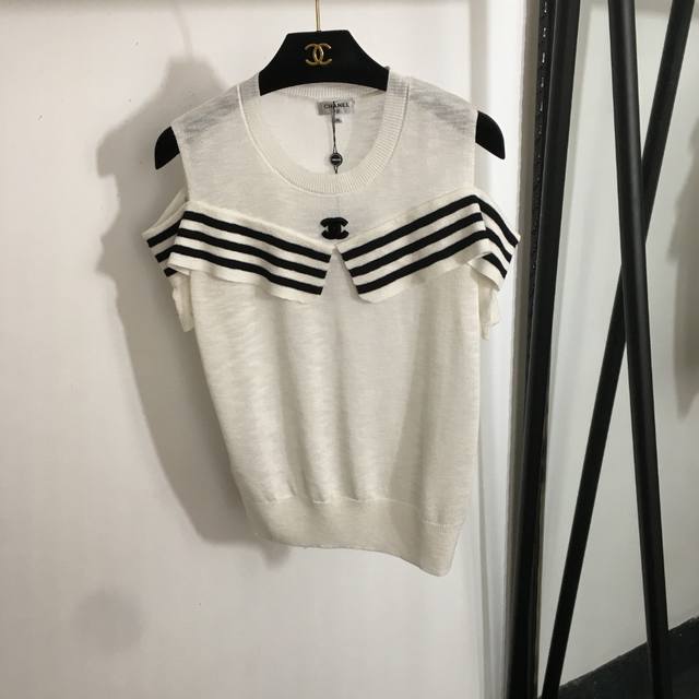Style No. 20253735 Chane* new Chanel logo striped off-shoulder short-sleeved kni