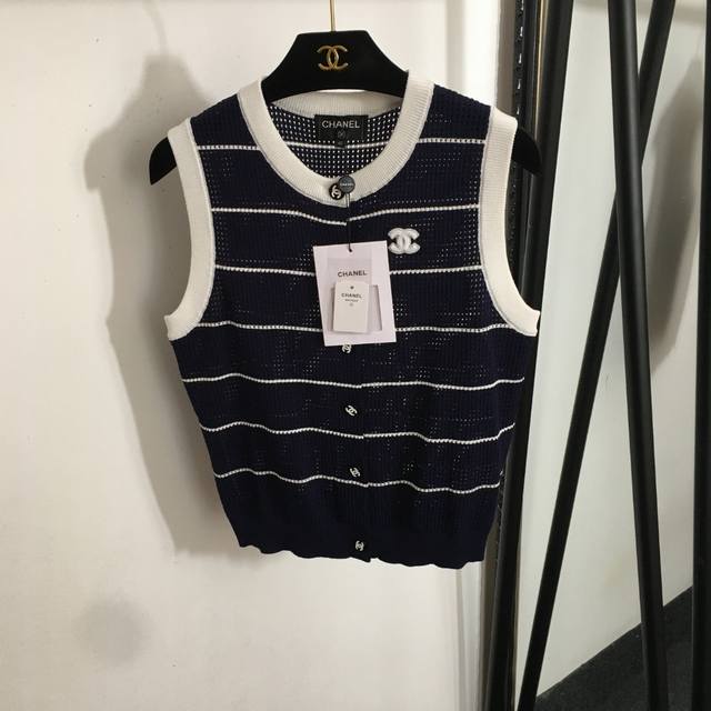 Style No. 20253734 Chane* new Chanel logo color matching striped hollow knit ves
