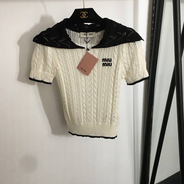 Style No. 20253609 Miumi* new logo embroidery colorblock lapel hollow short-slee