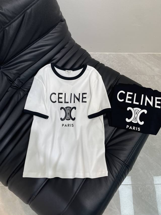 Celin*classic contrasting collar Arc de Triomphe letter short-sleeved T-shirt Ma