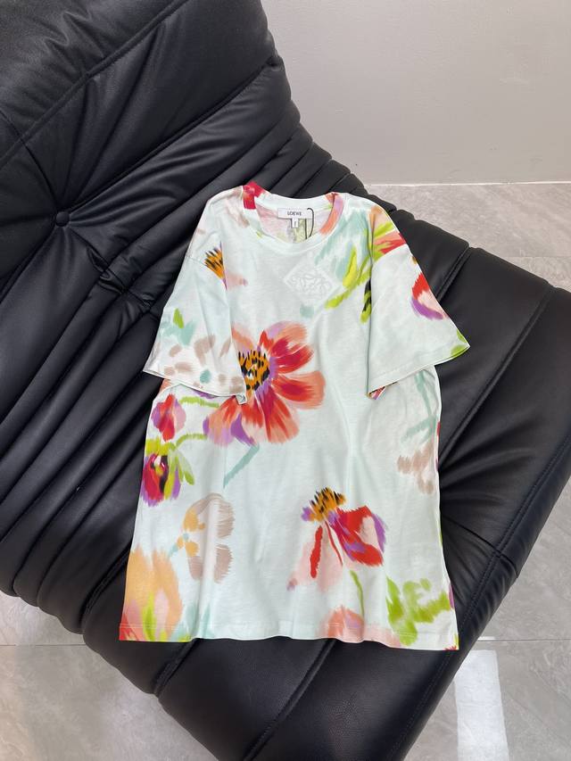 Loew*25 Spring and Summer new style smudged flower print short-sleeved T-shirt c