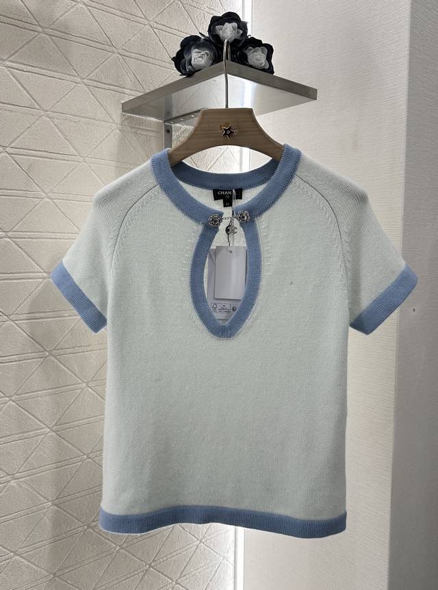 Chane*2025 new arrivals Hollowed-out hemming contrasting knitted short sleeves C
