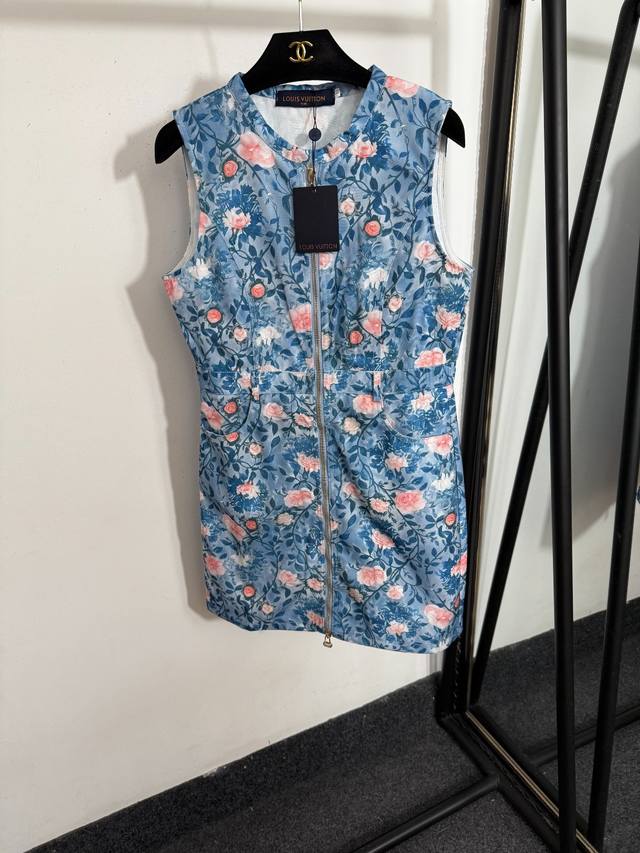 Style No. 20253693 Lv* New Pink Flower Printed Zipper Sleeveless Vest Dress, Blu