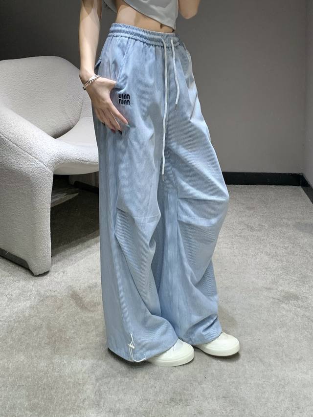 Miumi*25Ss new spring and summer letter embroidered striped elastic waist wide-l