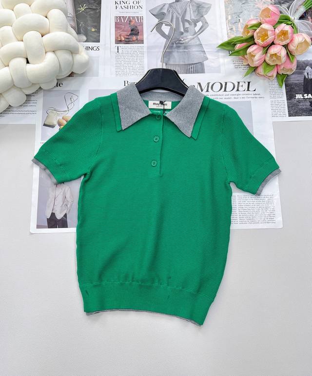 Miumiu new double-layer collar knitted Polo collar top, customized Yb wool yarn