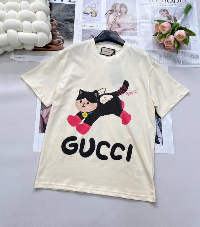 Gucci cute cat print short-sleeved T-shirt Customized 240g same-dye fabric feels