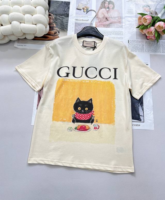 Gucci cute cat print short-sleeved T-shirt Customized 280g same-dye fabric feels