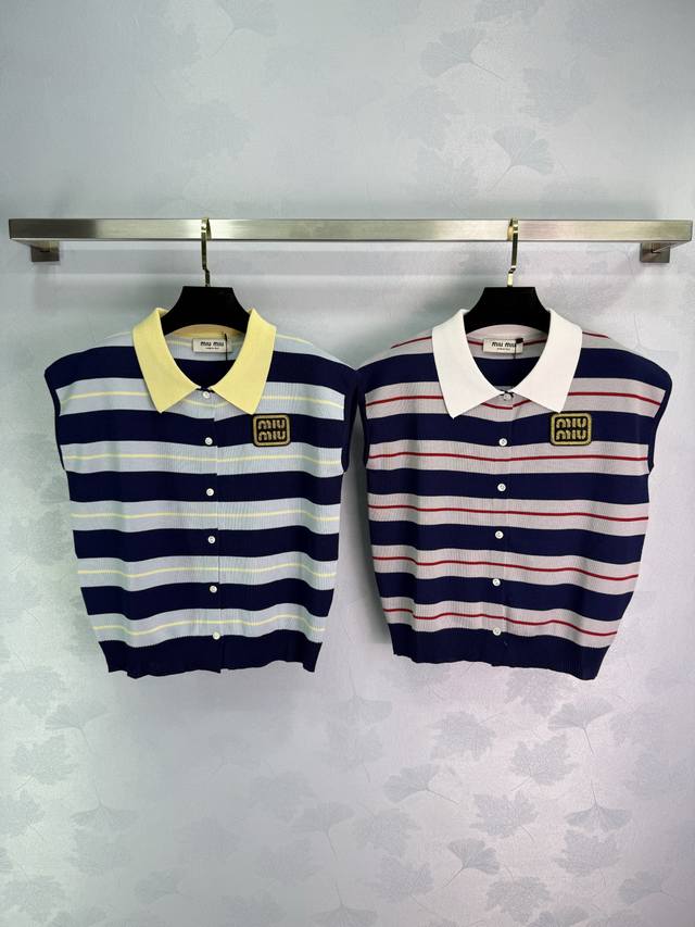 Miu*2025 spring and summer new striped knitted vest, yellow and white stripes an