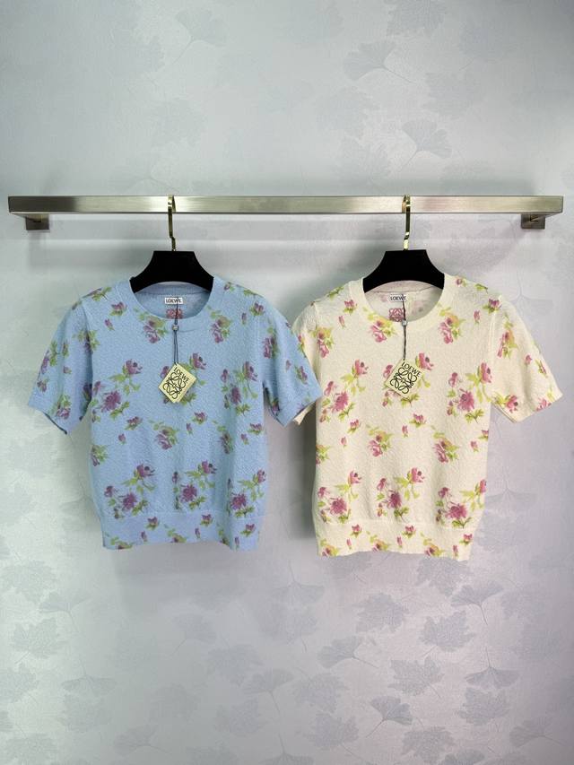Loewe 2025 spring new floral knitted short-sleeved shirt, blue and off-white, ro