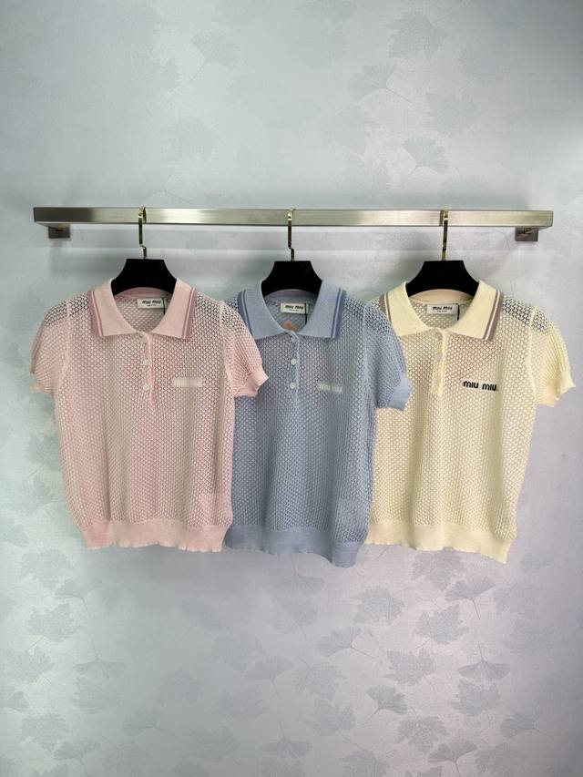 Miu* 2025 summer new hollow knitted Polo short sleeves, three colors available: