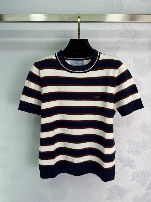 Prada blue and white striped knitted short sleeves, small logo embroidery on the