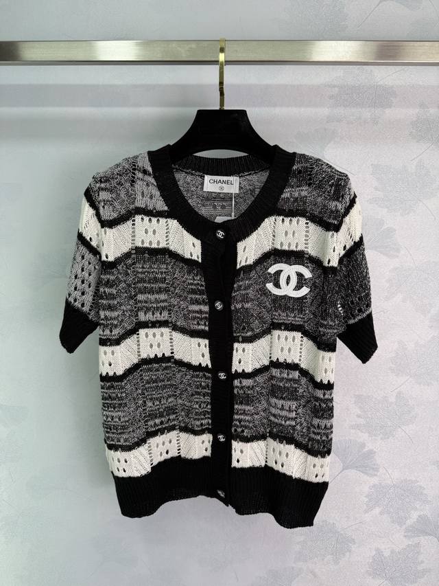Chane*2025 Spring and Summer new black and white striped hollow knitted short-sl