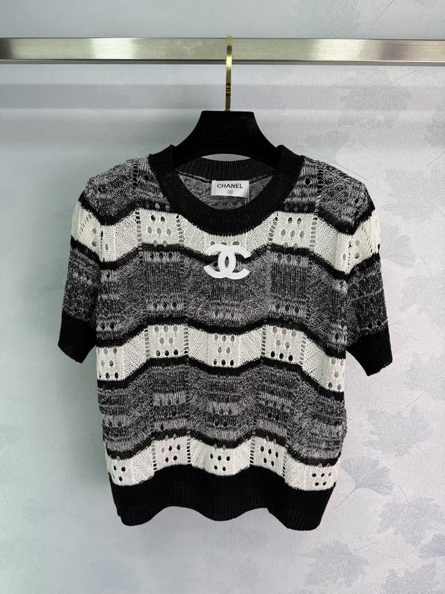 Chane*2025 Spring and Summer new black and white striped hollow knitted short sl