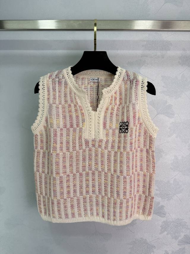 Loewe off-white knitted vest with logo embroidery V-neck design with pink stripe
