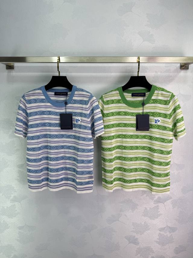 Lou*2025 new striped knitted short sleeves, round neck design, small logo on the