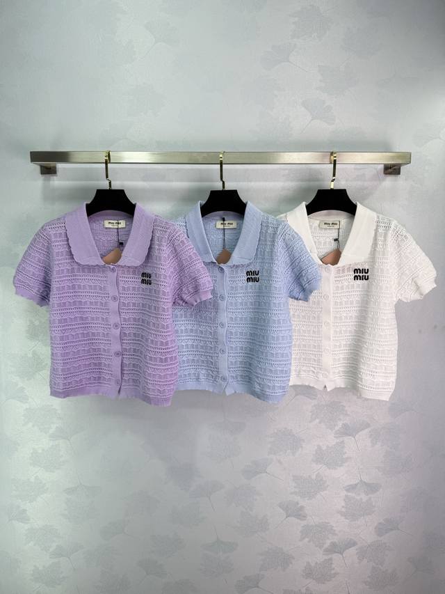 Miu*2025 new summer knitted short sleeves, lapel design, small logo embroidery o
