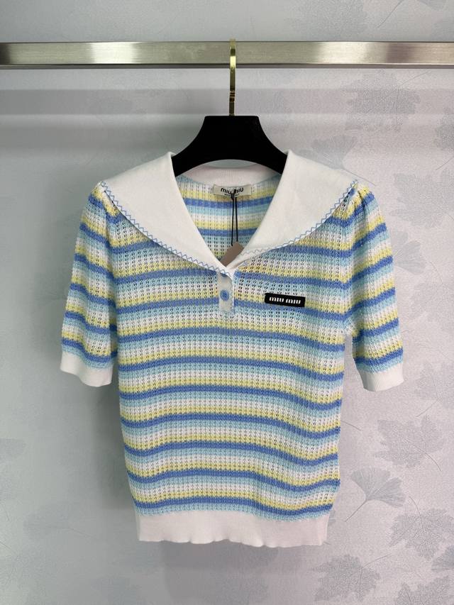 Miumi* Navy collar striped sweater blue, yellow and white stitching The fabric i