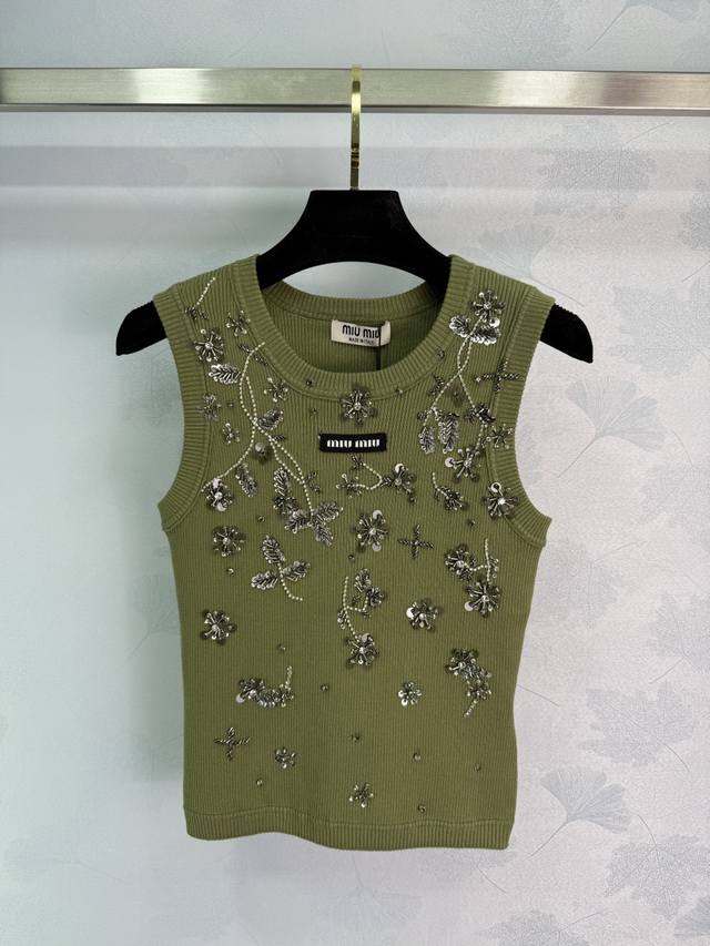 Miumi* 2025 Spring and Summer new olive green knitted vest, heavily decorated wi