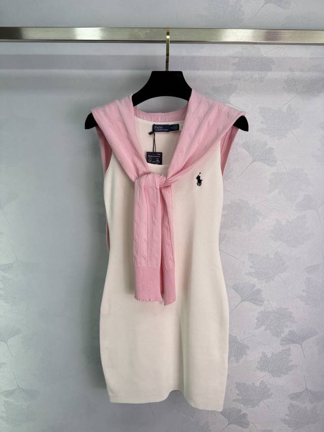 Polo Ralph Lauren pink knitted cape dress, white vest dress two-piece set. Pink