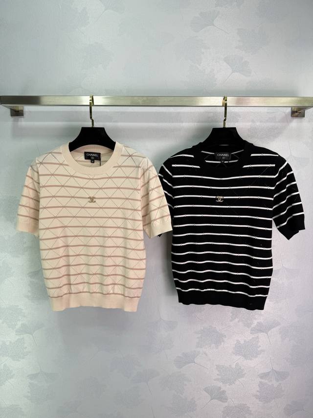 Chane* striped knitted short sleeves, knitted fabric is comfortable and breathab