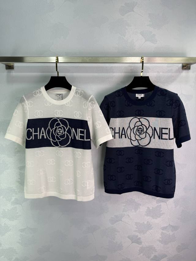 Chane*25 new knitted short sleeves, white and navy blue, large camellia with Cha