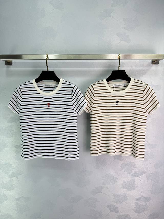 Dio*2025 Spring and Summer new striped short-sleeved knitted top with a small lo