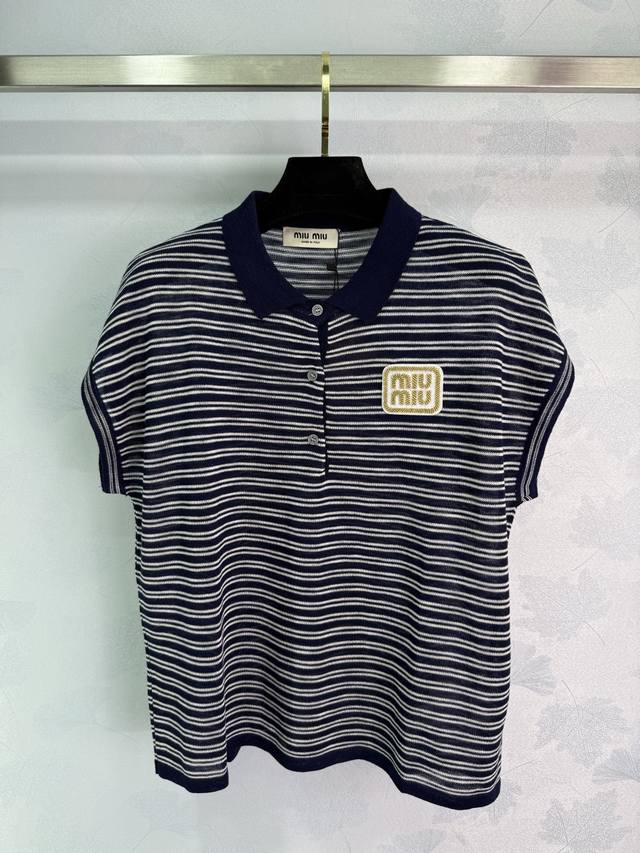 Miumi*25 Summer new striped knitted sleeveless Polo shirt navy blue and white st