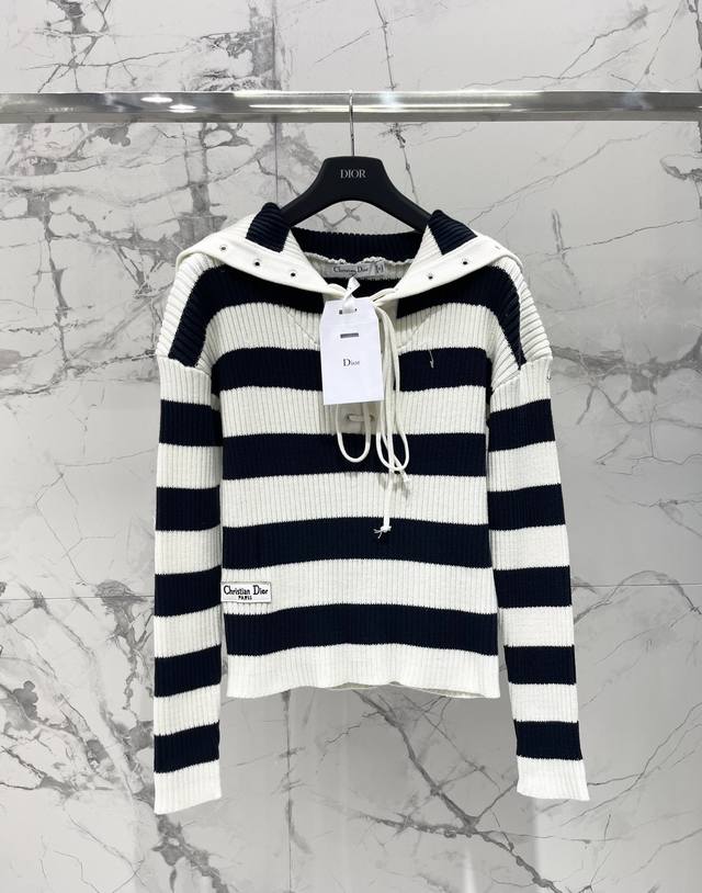 Dior letter logo embroidered striped lace-up navy collar sweater The navy collar