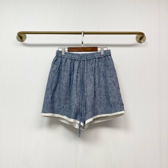 2025 summer new export yarn-dyed linen splicing fake two-piece design casual sho