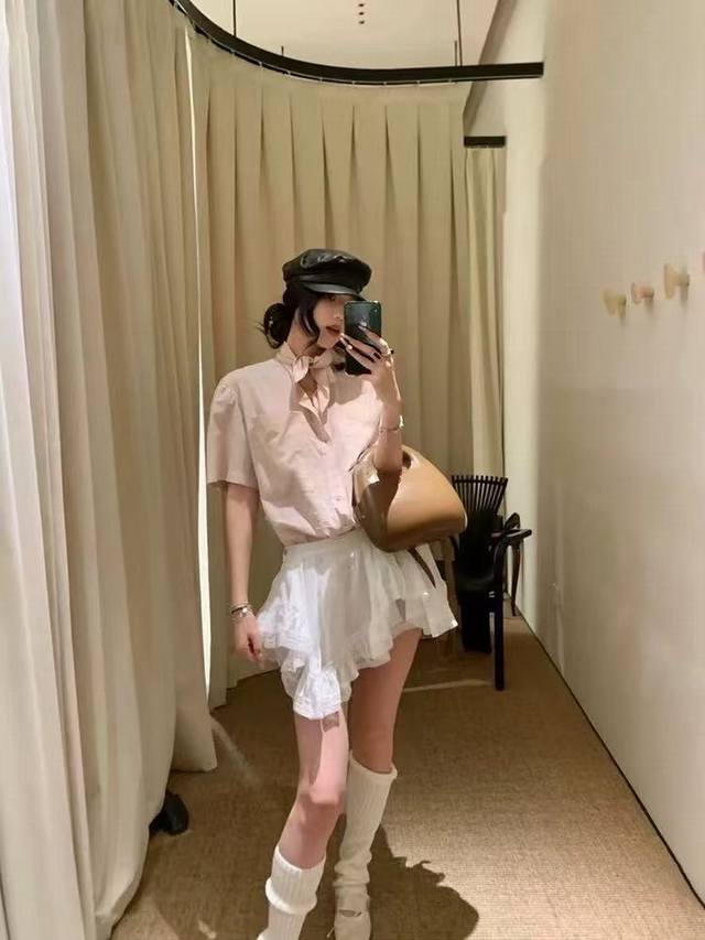 Lemaire bow tie short-sleeved shirt light pink old money fashionable style high-