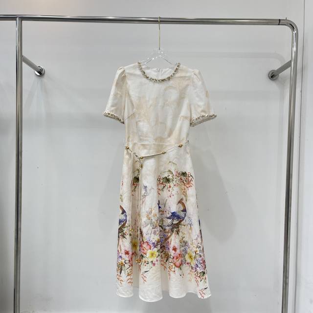 Zmm fashion linen positioning printing heavy beading dress, made of imported lin