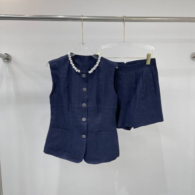 New fashion vest shorts set, top collar beading design, using imported linen fab