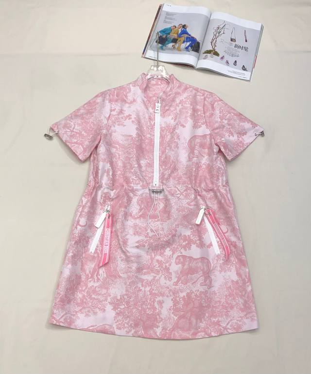 Ior*2025 new short-sleeved dress pink animal jacquard fabric side ribbon letter