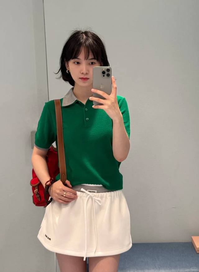 P] New [P]! Latest Miu 25New green patchwork knitted Polo top. Size: Sml. .