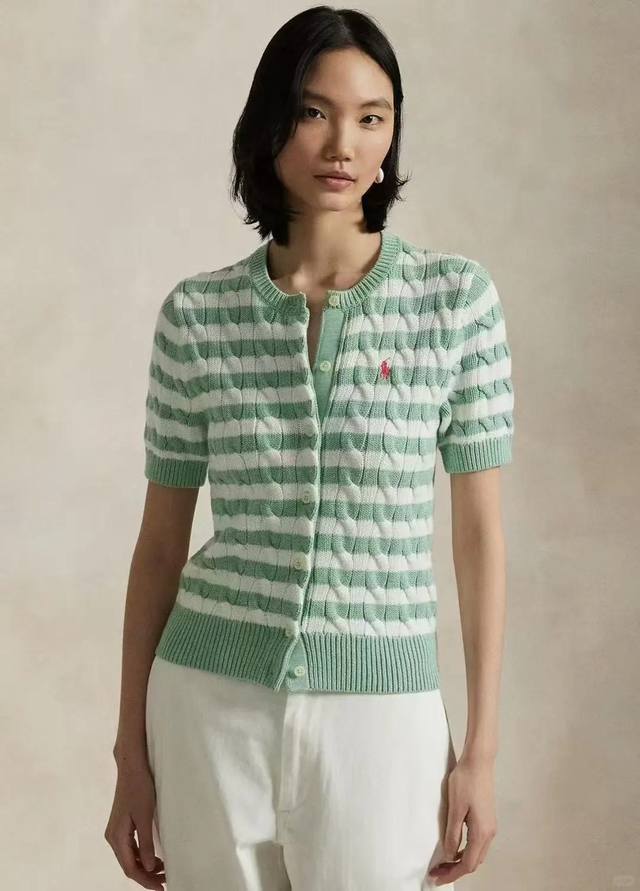 P] New [P]! Latest Rl 25New pony embroidery striped knitted short-sleeved cardig