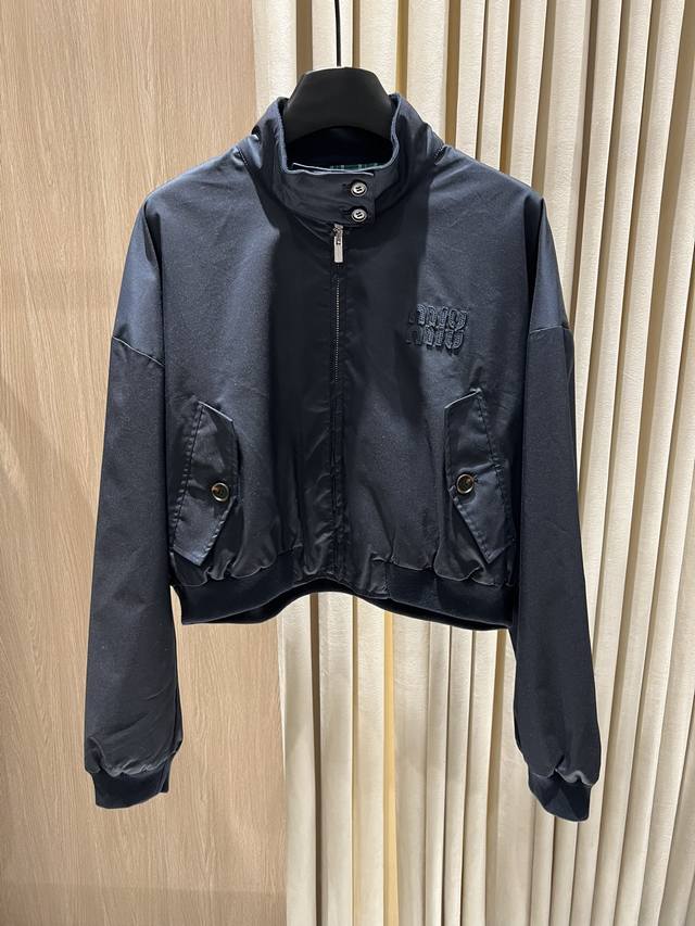 Couple's Miu Miu Navy Stand Collar Jackey Navy Blue Stand Collar Short Work Jack