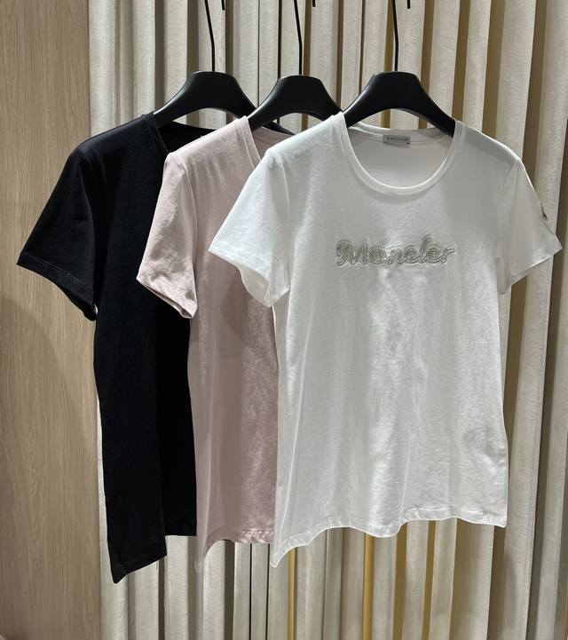 New product #Mon* Letter embroidery beaded round neck short-sleeved T-shirt The