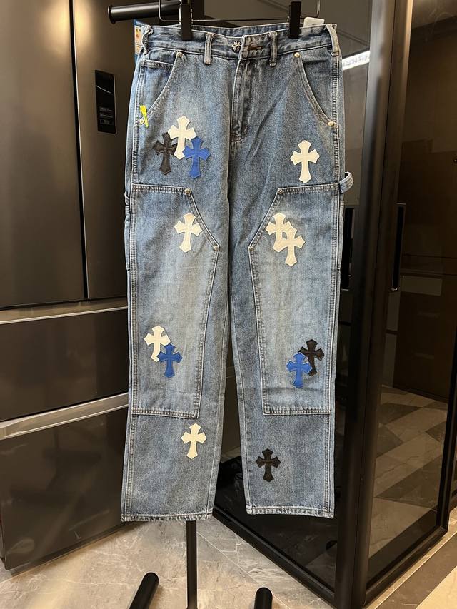 Chrome Hearts Multicolor Laser Cross Leather Lumberjack Jeans Blue adopts top he