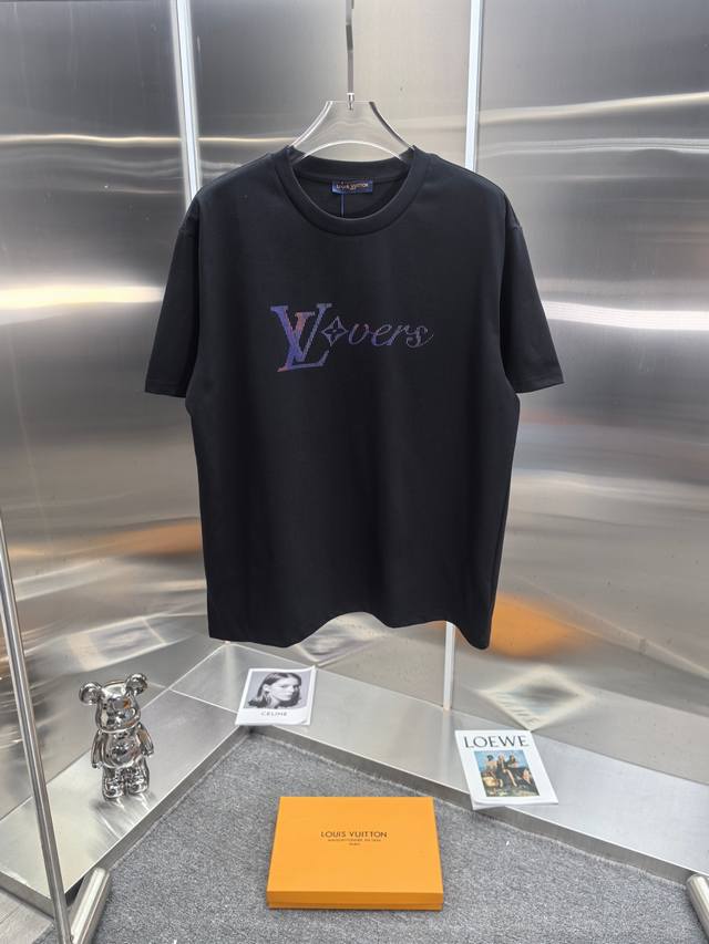 Lv Louis Rainbow Gradient Vertical Stripe Print Short Sleeve T-shirt Plain woven