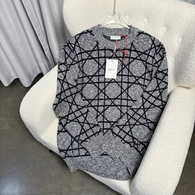Dior 24* Early Autumn new contrast color diamond check plaid round neck sweater