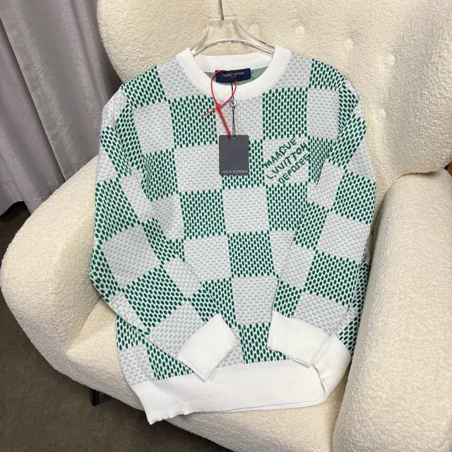 Louis Vuitton Lv Louis Vuitton*24Ss green checkerboard round neck long sleeve sw